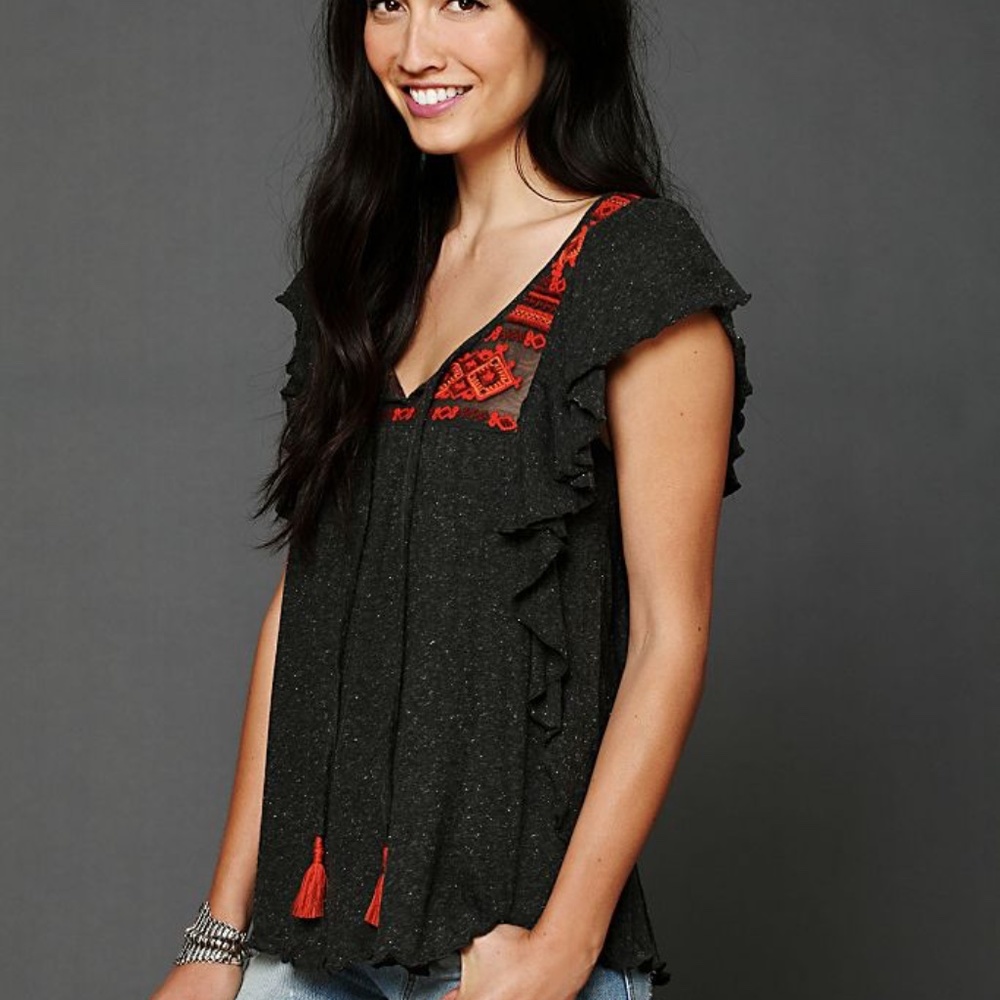 Free People Embroidered Flutter Sleeve Top